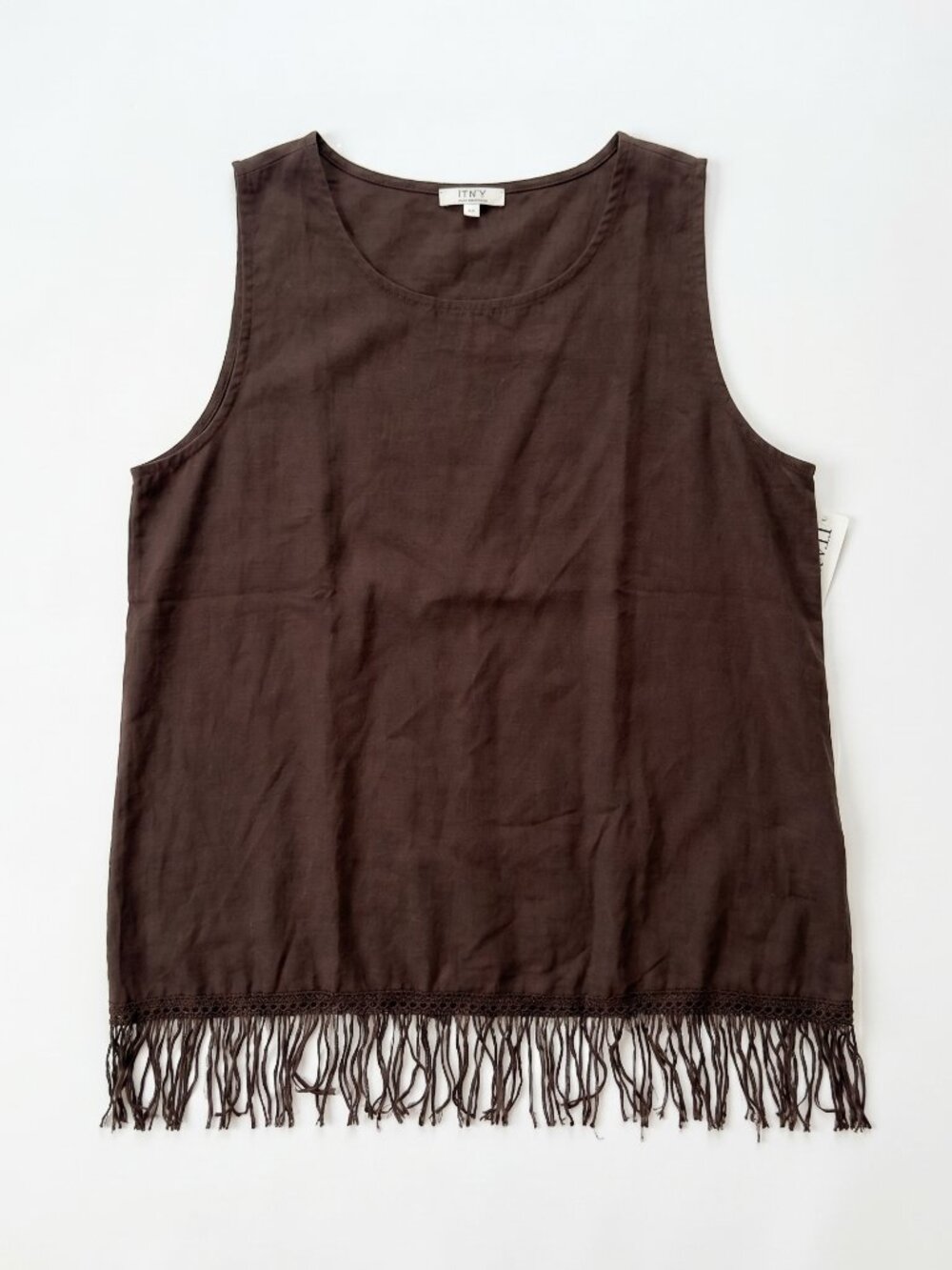 Made in Italy Plus Size Linen Blend Fringe Tank Chocolate